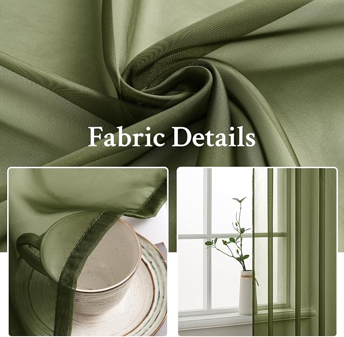 MIULEE Olive Green Sheer Curtains 54 X 63 Inches, 2 Panels | Solid Color - Image 3