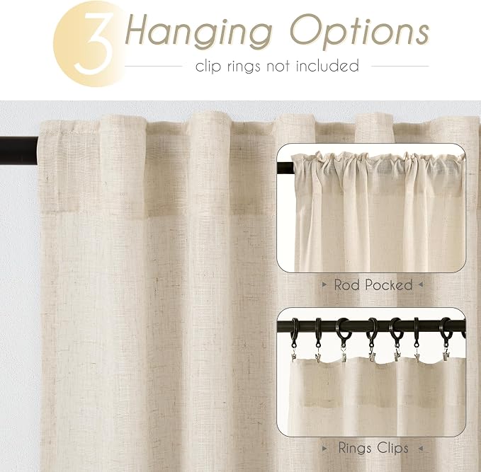 Apricot Linen Curtain 108 inch Length 2 Panels Set Back Tab Light Filtering - Image 2