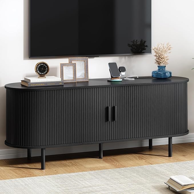 55" TV Stand with Power Outlet, Modern Media Console with Sliding Doors, Entertainment Center for TVs up to 60 Inch, Adjustable Shelves, Black