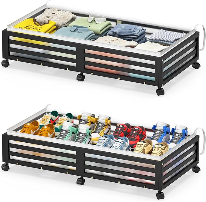 Under Bed Storage Containers With Wheels - 2 Pcs Large Bamboo Wood Rolling Underbed Shoe Storage Bins With Dust Bags for Clothes Blankets, Duvet Covers Snacks Toys (Black)