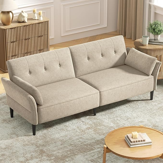89” Futon Sofa Bed, Velvet Fabric Comfy Futon Couch Bed with 2 Square Pillows, Convertible Sleeper Sofa with Adjustable Backrest& Armrests, Modern Loveseat Sleeper for Living Room, Beige