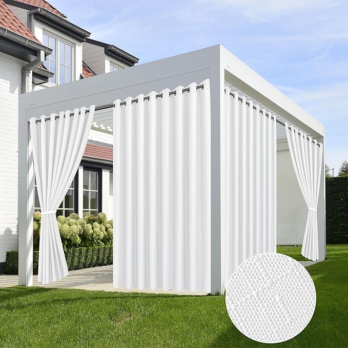 HolidayIdeas 4 Panels Linen Outdoor Curtains for Patio Waterproof White Curtains 84 Inch Length Set-Wide Curtains Weatherproof, Privacy, Textured for Pergola, Porch, Gazebo-110 Wide x 84" Long