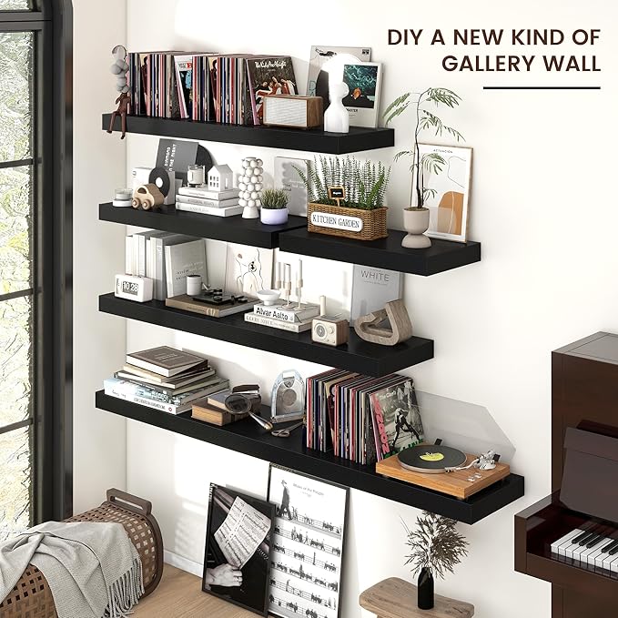 Floating Shelves for Wall, Large Wall Mounted Shelves with Invisible Brackets, Long Wood Floating Shelf Shelves for Living Room, Bedroom, Kitchen, (Black, 55" W x 9" D x 1.5" H)