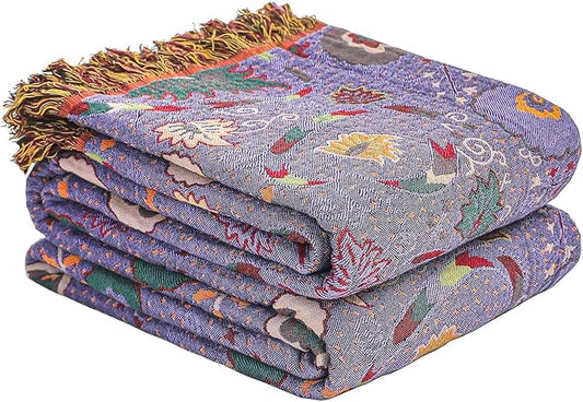 Boho Fall Throw Blanket for Bed Purple Flowers，100% Ultra Cotton Soft Breathable Bed Throw Floral Printed Farmhouse Decor Rustic Bed Throws for Couch Sofa Quilt 90" x 98"