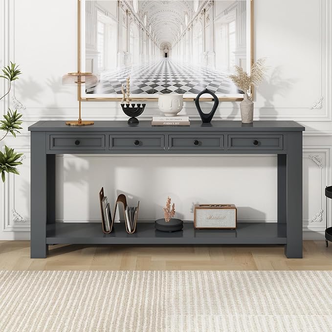 Solid Wood Console Table 63 in Long Sofa Table Entryway Table with 4 Drawers and Bottom Shelf for Hallway Living Room Couch Table,Fully Assembled,63" Tan