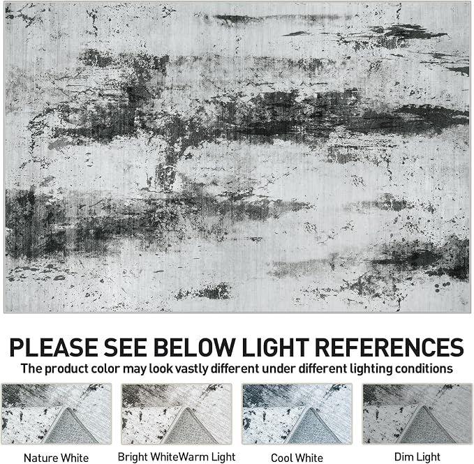 4x6 Area Rugs for Living Room: Washable Abstract Black White Grey Carpet | - Image 7