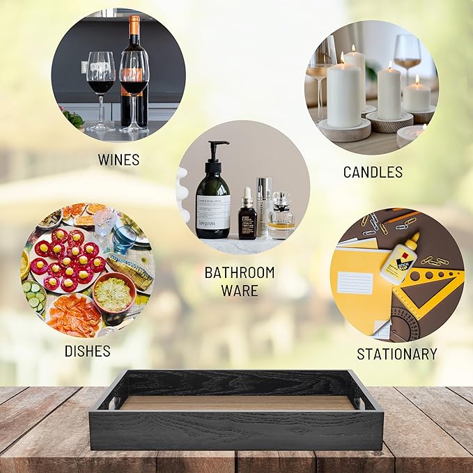 Wood Serving Tray with Handles, Home Decorative Wooden Rectangle Ottoman Decor Platter Vanity Tray for Breakfast Dinner Drinks Kitchen Dining Living Bathroom Restaurants Black Wooden