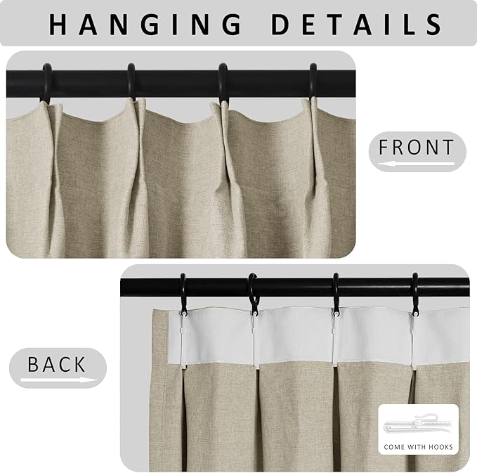 Macochico 120”Wx102”L 100% Blackout Linen Curtains Pinch Pleated Thermal Panels for Sliding Door Bedroom Living Room Farmhouse Shabby Chic Beige Burlap Curtains with Tieback 1 Panel