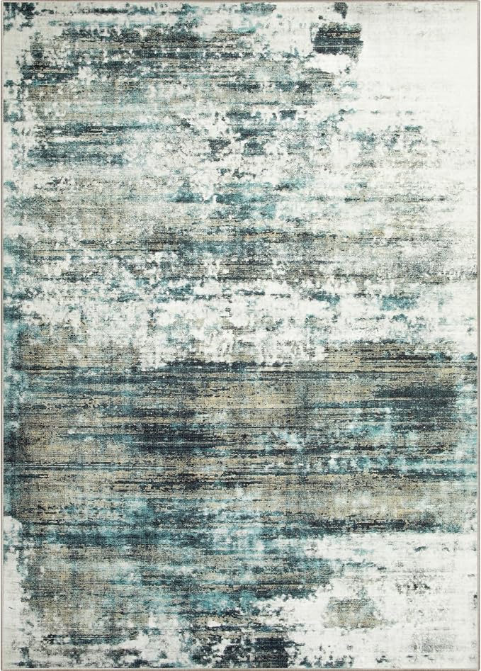 8x10 Area Rugs for Living Room: Washable Abstract Teal Green Badroom Carpet | - Image 8