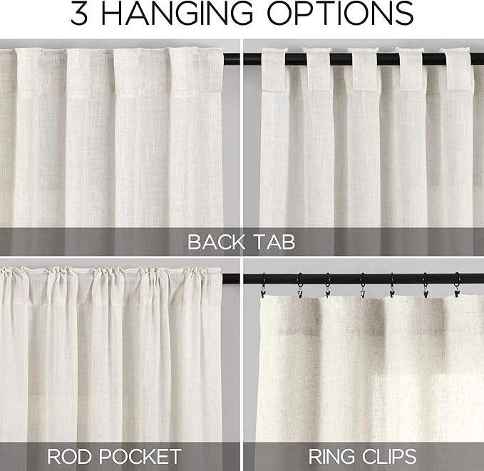 Cream Linen Curtains 84 Inch Length 2 Panels Back Tab Pocket Semi Sheer Bedroom - Image 3