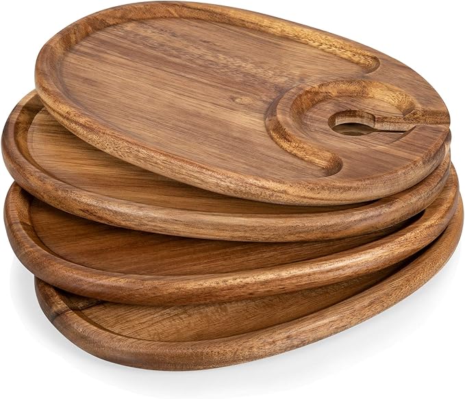 PICNIC TIME TOSCANA -Wine Appetizer Plates, Cocktail Plate with Glass Holder, Cheese Board with Wine Holder, (Acacia Wood), 9 x 6, Set of 4