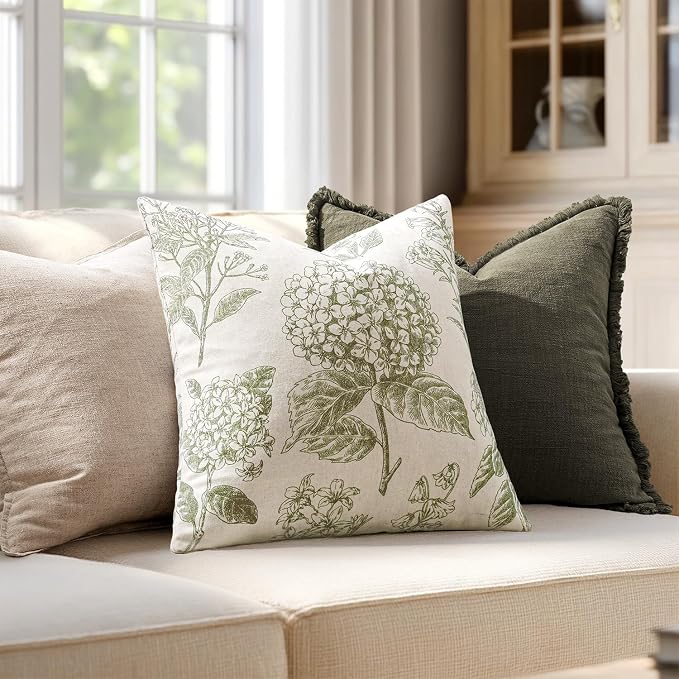 Set of 2 Decorative Floral Pillow Covers 20x20 Inch Light Green | Neutral - Image 3