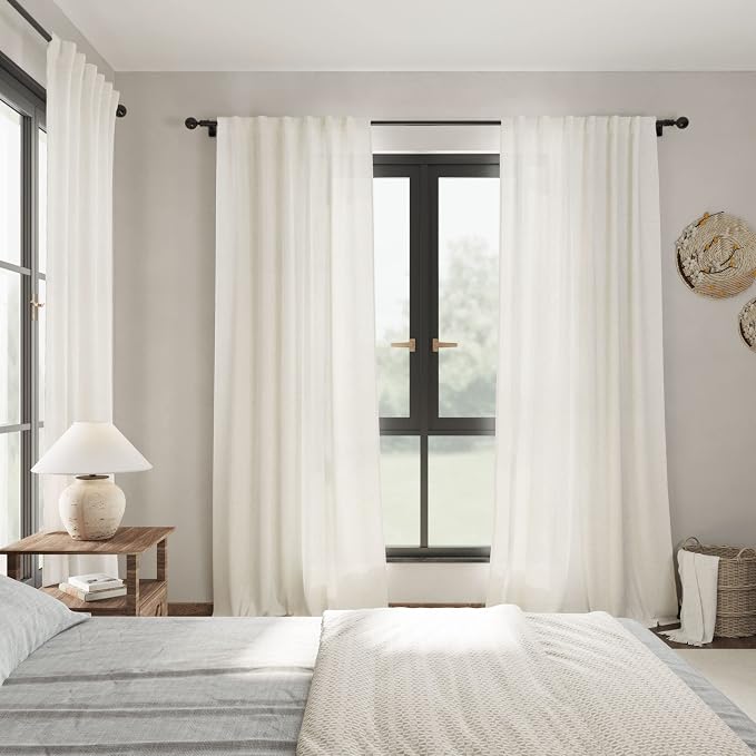 Cream White Linen Curtains 70 Inch Length 2 Panels Set - Image 7
