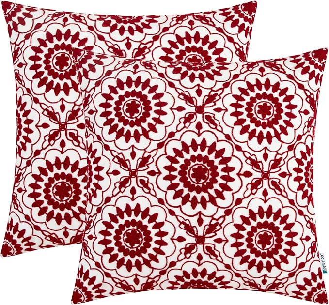 HWY 50 Red Decorative Throw Pillow Covers 18x18 Inch, Pack of 2 Embroidered Cotton Farmhouse Cushion Cover Pillow Case for Sofa Couch Living Room Bed Bedroon, Little Sunflower Design
