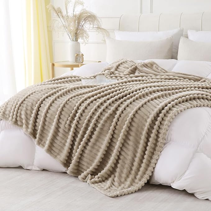 Khaki Throw Blanket for Couch Sofa 108x90 inches Striped Design | Fleece by Unknown