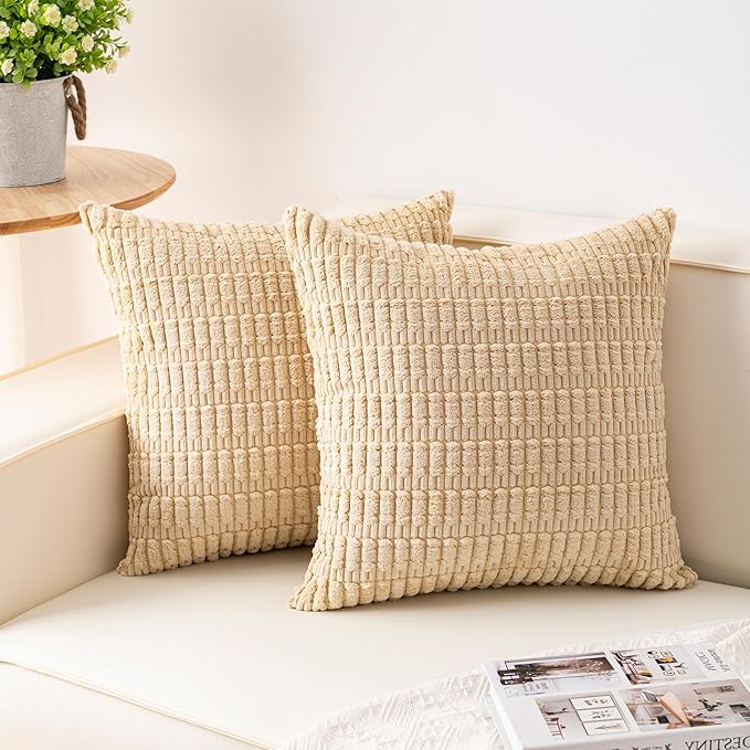 Pack of 2 Corduroy Decorative Throw Pillow Covers 24x24 InchSoft Striped Pillow by Unknown