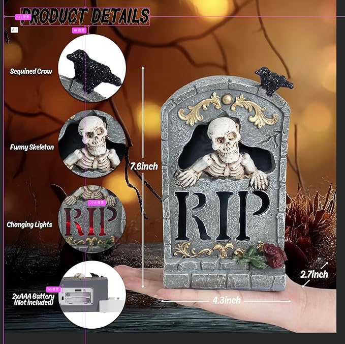 Halloween Decoration Indoor 7.6″ Tombstone Statue with LED Lights Spooky Skull Head Gravestone Skeleton RIP Lighting Changes Halloween Village for Table Shelf Home Party Outdoor Decor Gifts