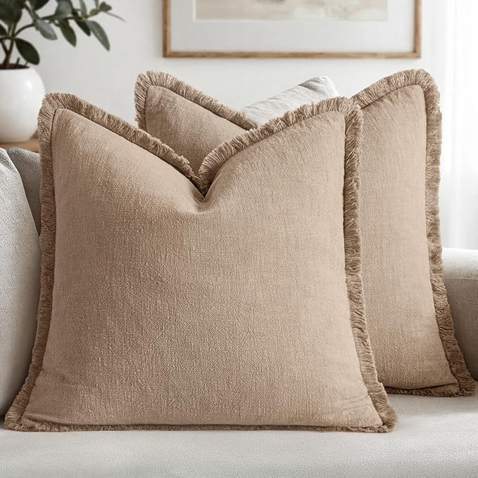MIULEE Boho Linen Fringe Decorative Throw Pillow Covers Camel 18x18 | Set of 2 by MIULEE