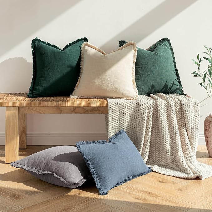 MIULEE Linen Fringe Decorative Euro Throw Pillow Covers Navy Blue 24x24 | Set - Image 5