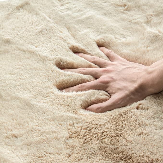 ORINOVA Beige Plush Faux Washable Rabbit Fur Area Rugs - Image 6