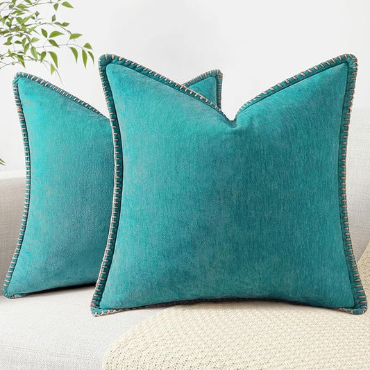 decorUhome Chenille Soft Throw Pillow Covers 18x18 Set of 2, Farmhouse Velvet Neutral Decorative Euro Pillow Covers with Stitched Edge for Couch Sofa Bed Home Decor, Turquoise