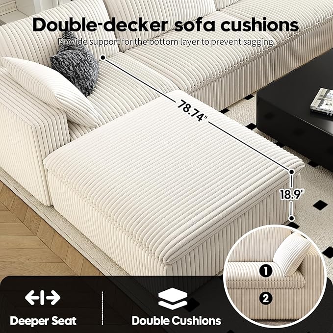 157.5" Cloud Couch Modular Sectional Sofa for Living Room,Modern Sofa with Deep Seat，L-Shape Boneless Couch with Ottoman,Comfy Upholstered Corduroy Couches for Apartment, Studio, Office,Bedroom，White