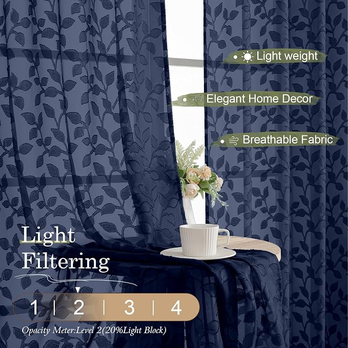 Chyhomenyc Navy Blue Sheer Curtains 63 Inch Length 2 Panels Set, Light - Image 2