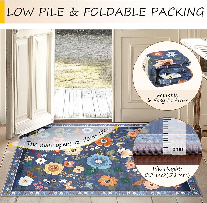 RELEANY Floral Washable Round 8ft Area Rug Blue/Grey | Flower Carpet Print Boho - Image 5