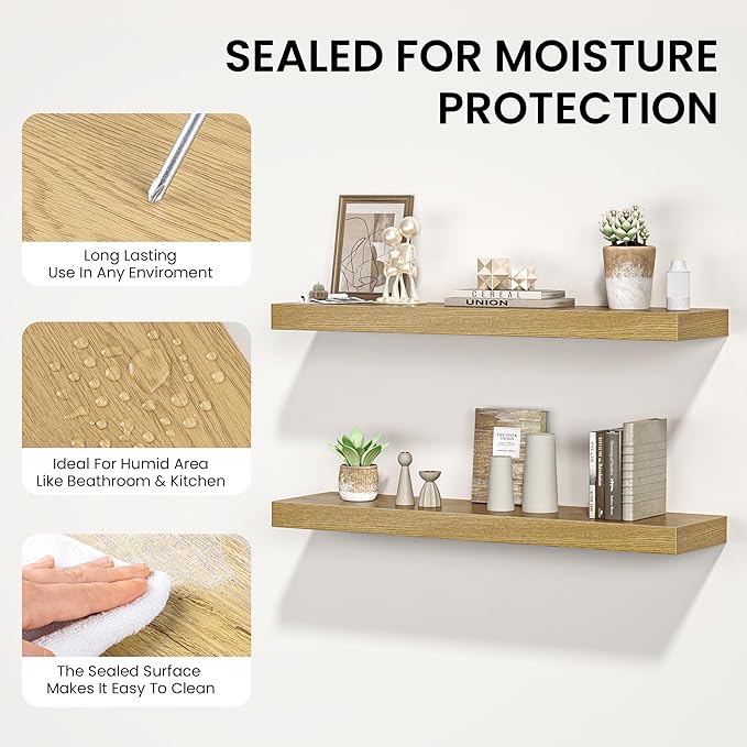 Floating Shelves for Wall, 72"W x 9.3"D x 1.5"H, Long Wooden Wall Mounted Display Shelves with Invisible Brackets for Living Room, Bedroom, Bathroom, Kitchen Decor and Storage, Set of 1, Oak