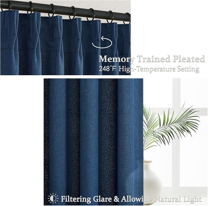 Pleat Sheer Denim Blue Curtains 84 Inch Length 2 Panels Set - Image 3