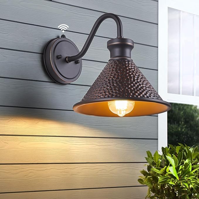 Dusk to Dawn Outdoor Gooseneck Wall Sconce with Dark Sky Cast Hammered Aluminum Shade in Oil Rubbed Bronze Finish,Anti-Rust Waterproof Outdoor Light for Farmhouse Porch Garage,1-Light E26