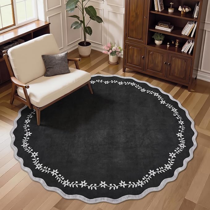 GarveeHome Large Round Rug 8ft Scalloped Washable Circle Living Room Rug | Soft - Image 2