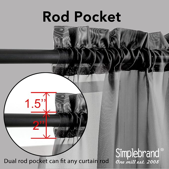 Simplebrand Black Sheer Curtains 63 Inch Length 2 Panels, Rod Pocket Solid - Image 2