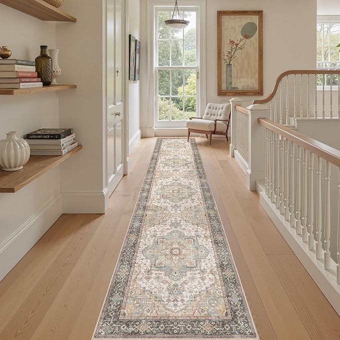 Washable 2.6x12 Runner Rug - Area Rugs Neutral Vintage Distressed Floral Farmhouse Boho Large Soft Floor Rug Indoor Carpet for Hallway Entryway Kitchen Home - Forest Green Orange