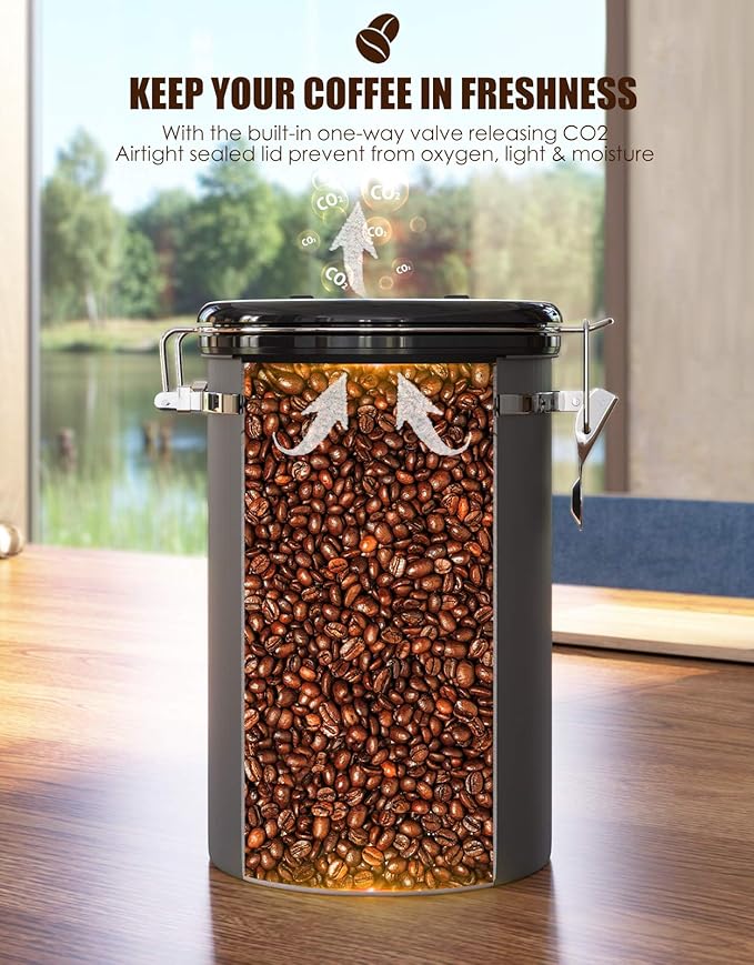 HAIOOU Airtight Coffee Canister, 22OZ +16OZ 2 Piece Stainless Steel Coffee Bean Storage Container with Date Tracker, Measuring Scoop, 6Pcs CO2 Valves, Mini Tongs for Coffee Bean, Grounds - Grey