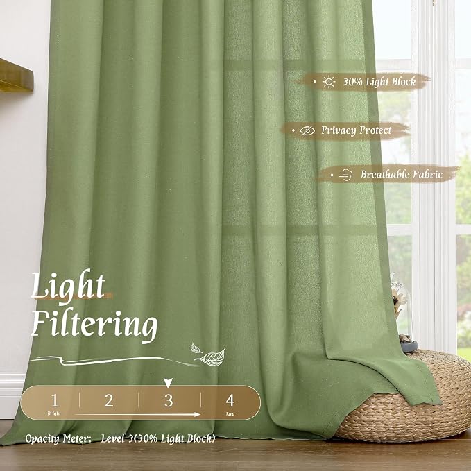 LAMIT Bedroom Linen Curtains 48 Inch Length 2 Panels, Soft Faux Linen Light - Image 4