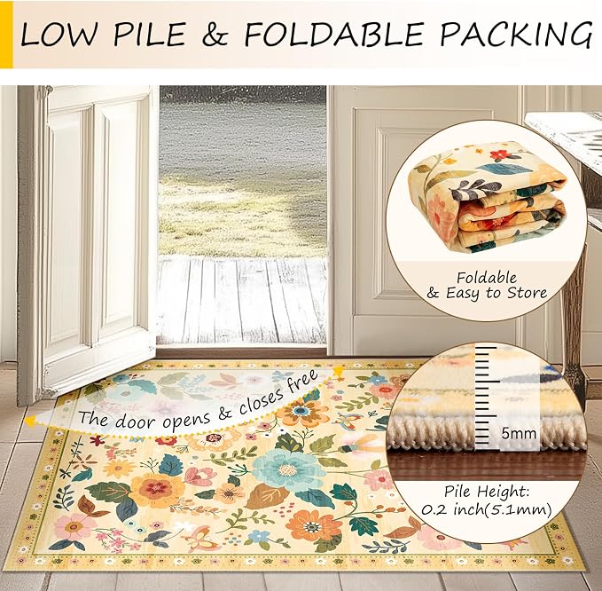 RELEANY Floral Washable 8x10 Area Rugs Ivory/Yellow | Flower Carpet Print Boho - Image 4