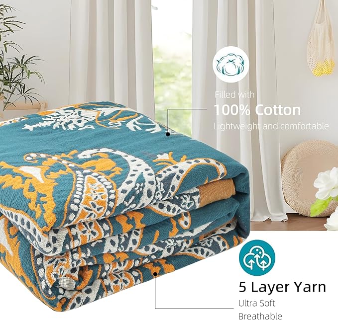 Boho Throw Blanket for Bed - 100% Pure Cotton Ultra Soft Rustic Quilt - Farmhouse Decor Bed Blankets, All Season Rustic Throw for Sofa Couch Chair(60"×80", Boho Floral)