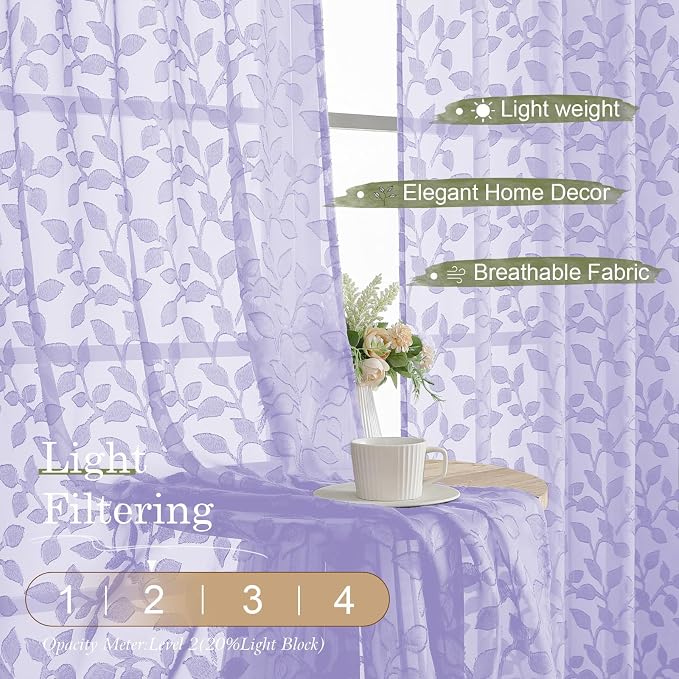 Chyhomenyc Light Purple Sheer Curtains 96 Inch Length 2 Panels Set, Light - Image 2