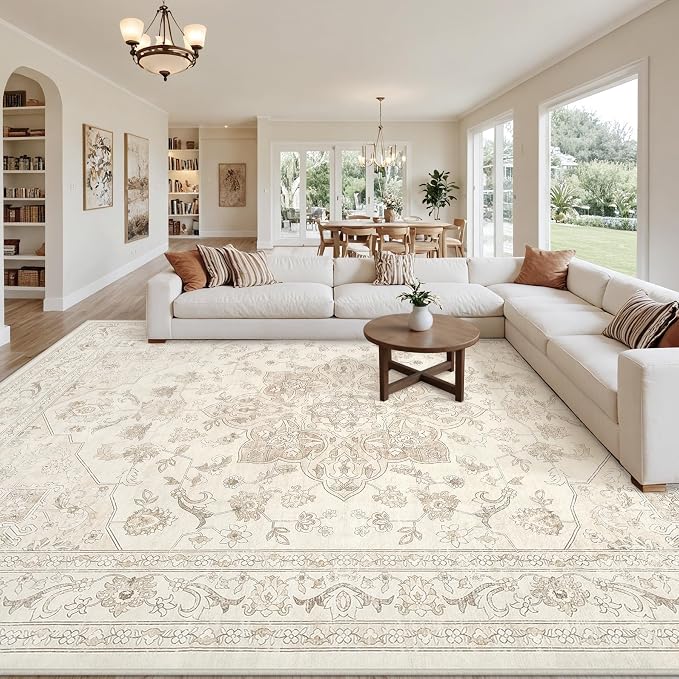 8x10 Area Rugs Living Room: Bedroom Washable Carpet Beige White | Vintage Boho - Image 8