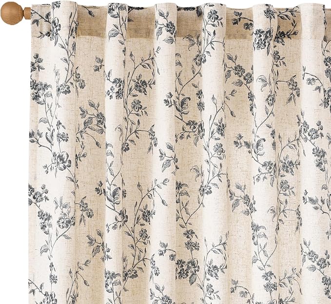 Lazzzy Farmhouse Linen Curtains Black Floral Curtains 96 Inch Length Back Tab by Lazzzy