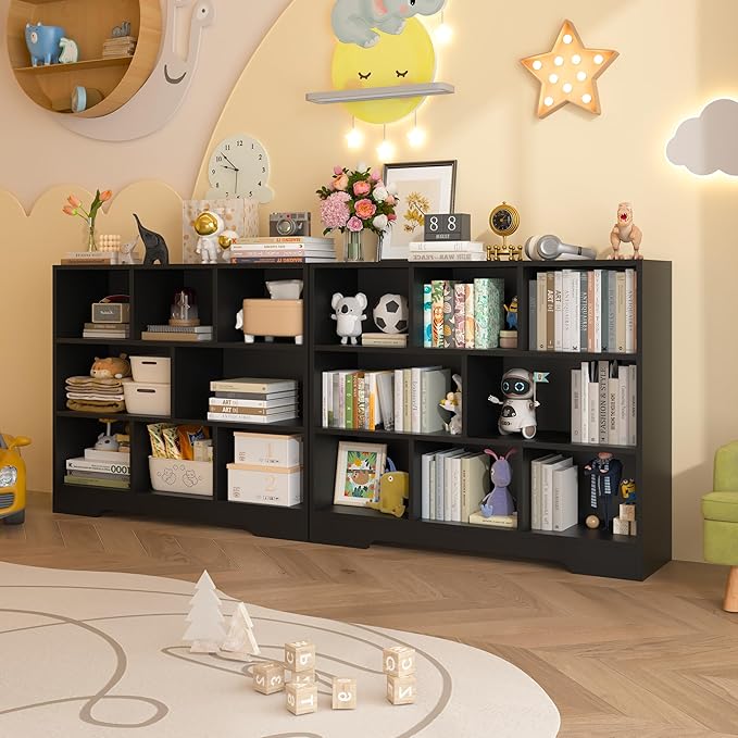 Book Shelf, 8 Cubes Storage Organizer, 3-Tier Open Shelf Wooden Bookcase, Freestanding Black Bookshelf Cube Shelf for Bedroom, Living Room, Home Office
