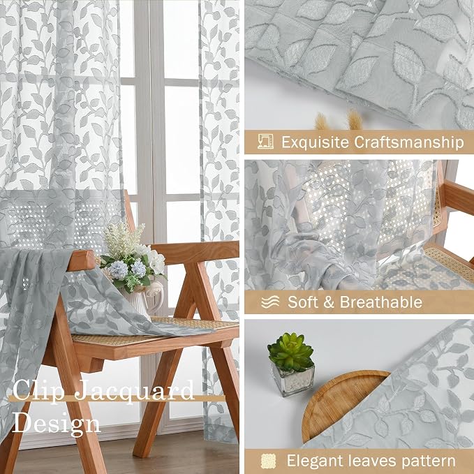 Chyhomenyc Light Grey Sheer Curtains 24 Inch Length, Light Filtering Leaf - Image 6