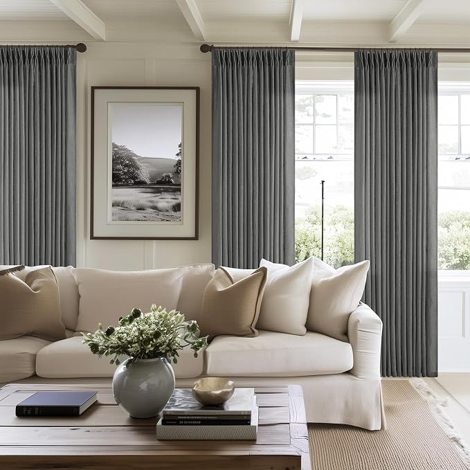 Dark Gray Linen Pinch Pleated Light Filter Curtains 96 Inches Long 2 Panels | - Image 7