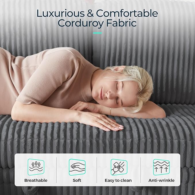 LINSY HOME Sectional Sleeper Sofa with Pull Out Couch Bed - Convertible Plush Corduroy Cloud Couch with Storage Chaise & USB Charging, Comfy U Shaped Modular Couches for Living Room, Grey
