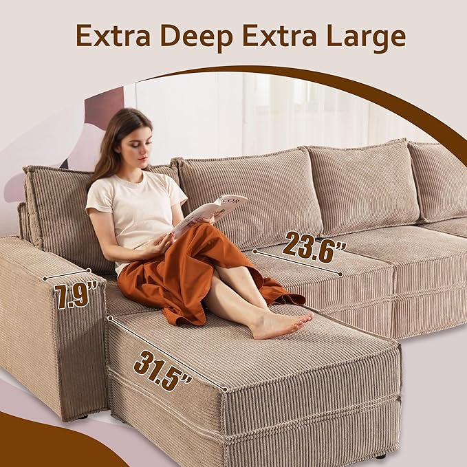 HOOOWOOO Modular Sectional Couch Sofa,128X61 U L Shaped Oversized Couch Sets Free Combination,6 Pieces Extra Deep Sofa with Ottomans for Living Room(Camel Corduroy)