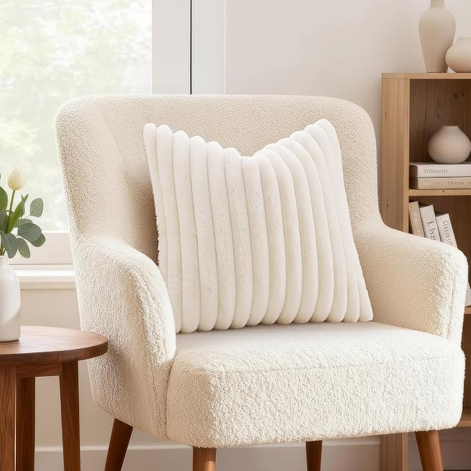 decorUhome Fall Faux Fur Throw Pillow Covers 22x22 Set of 2 Cream White | - Image 2