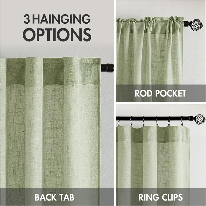 MIULEE Sage Green Linen Curtains 52x100 Inch Length 2 Panels - Image 3