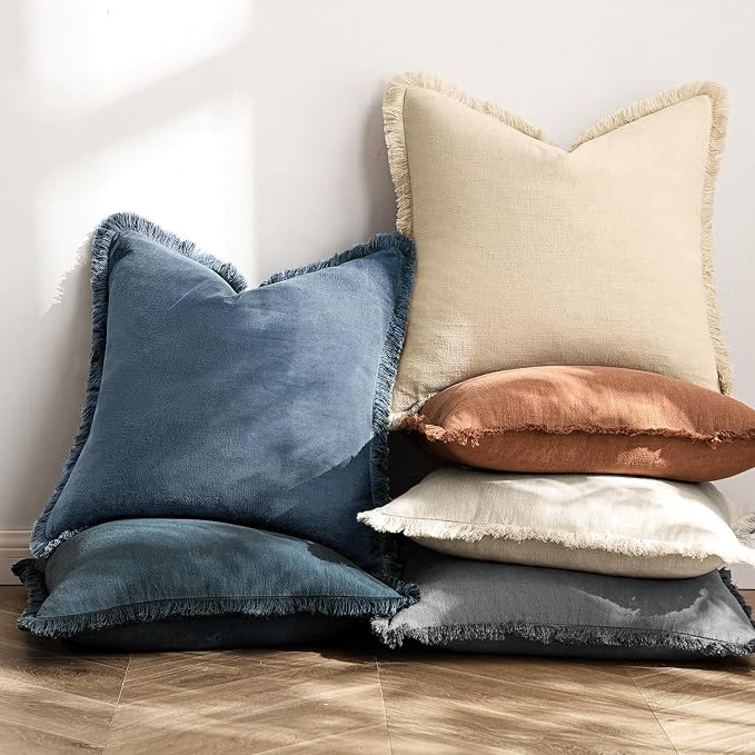 MIULEE Boho Linen Fringe Decorative Throw Pillow Covers Blue Ashes 16x16 | Set - Image 4