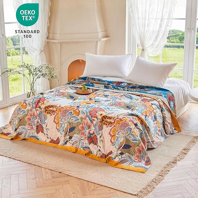MSGKV Boho Throw Blanket 90"x108" Floral Cotton Blanket - Image 6